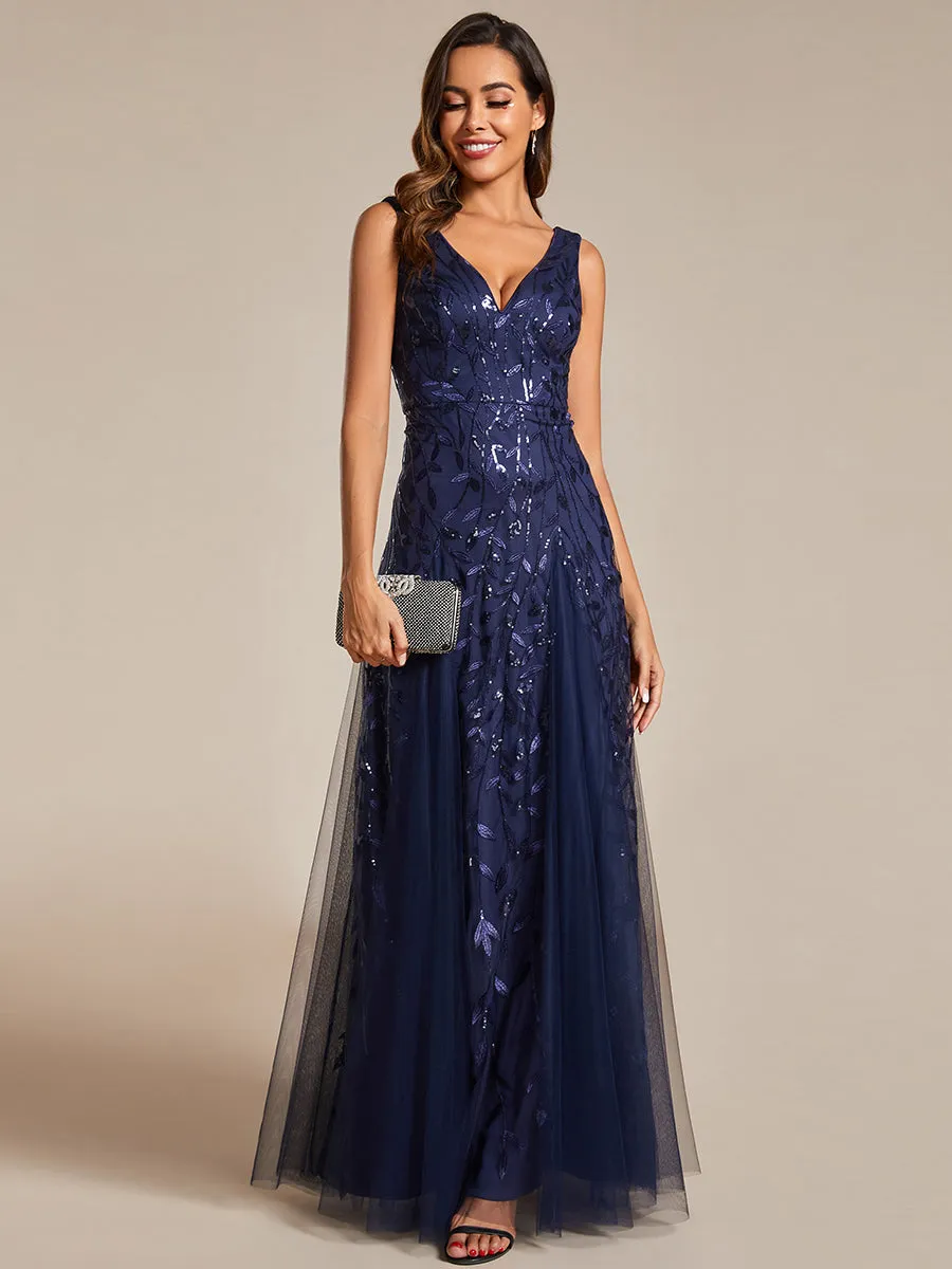 Shiny V-Neck Sequin Sleeveless Evening Dress with Tulle