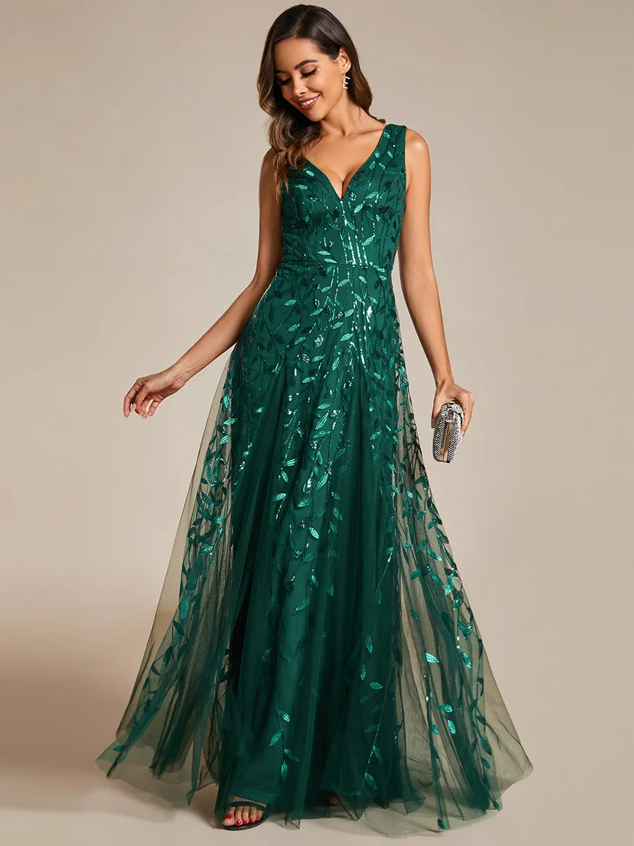 Shiny V-Neck Sequin Sleeveless Evening Dress with Tulle