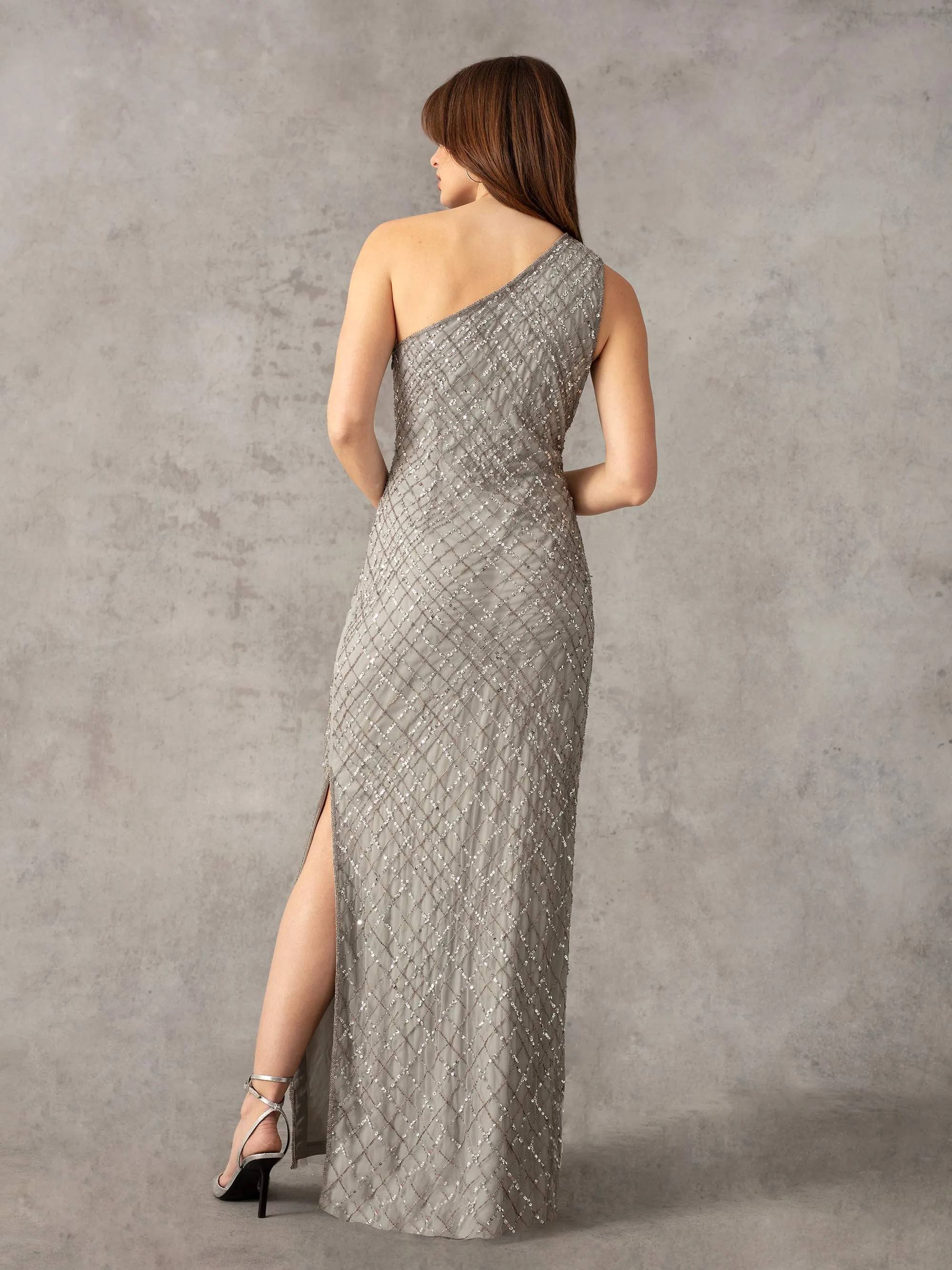 Silver One Shoulder Beaded Dress