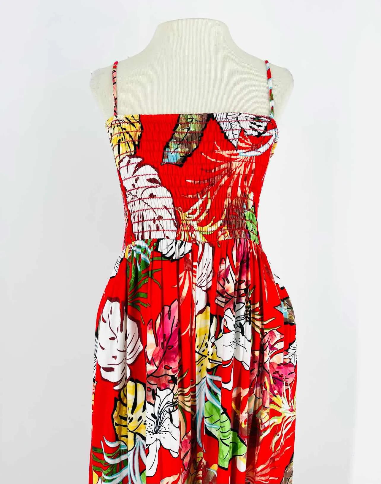 Size S Red/Multi Floral Smocked Dresses Jumpsuit