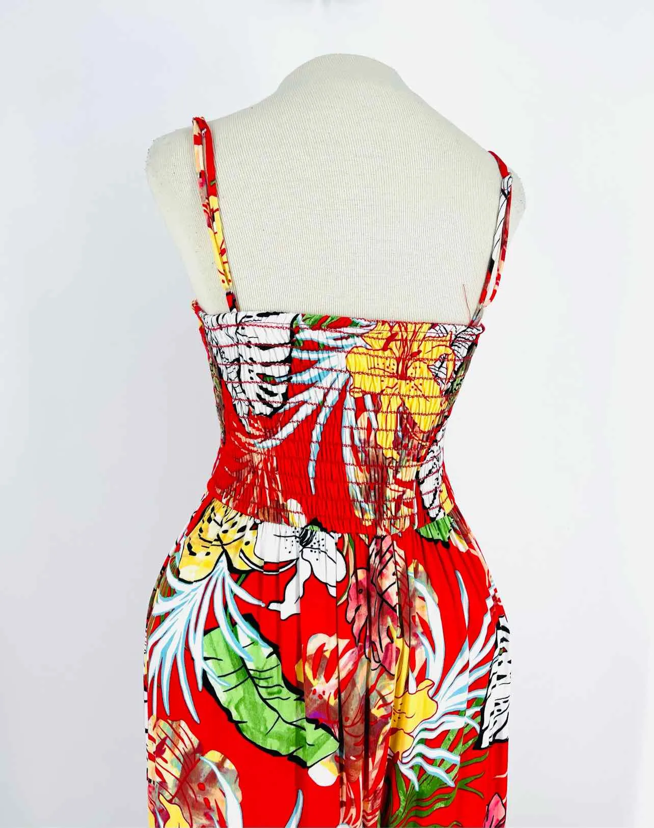 Size S Red/Multi Floral Smocked Dresses Jumpsuit