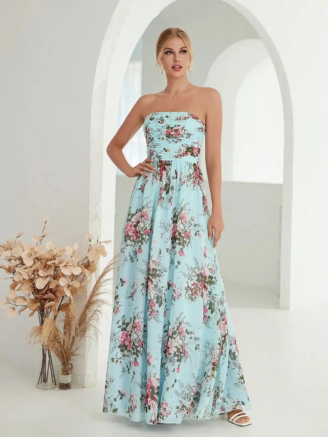 Strapless Pleated Floral Printed Chiffon Maxi Dress