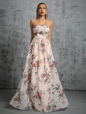 Strapless Pleated Floral Printed Chiffon Maxi Dress