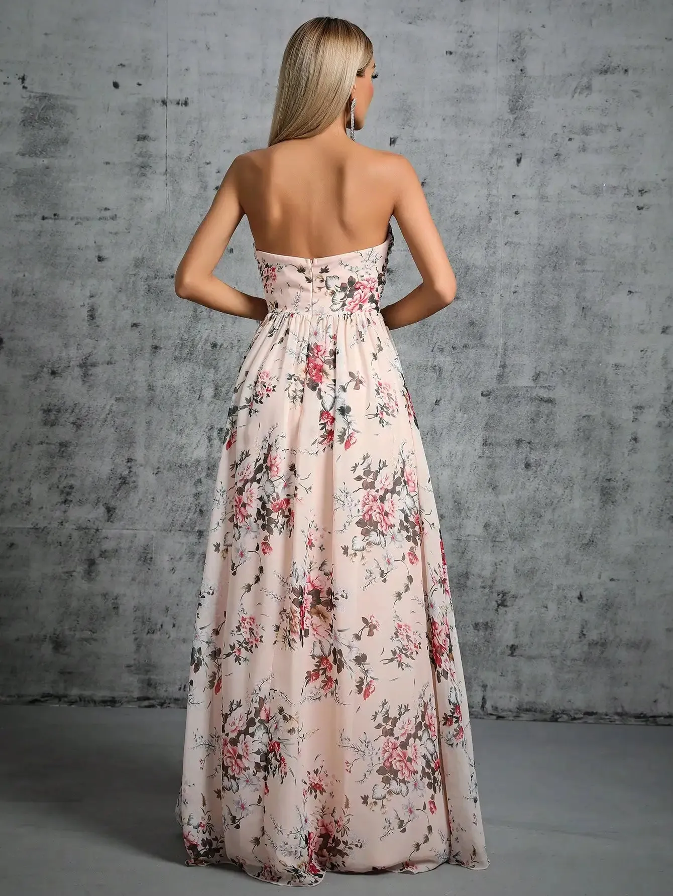 Strapless Pleated Floral Printed Chiffon Maxi Dress