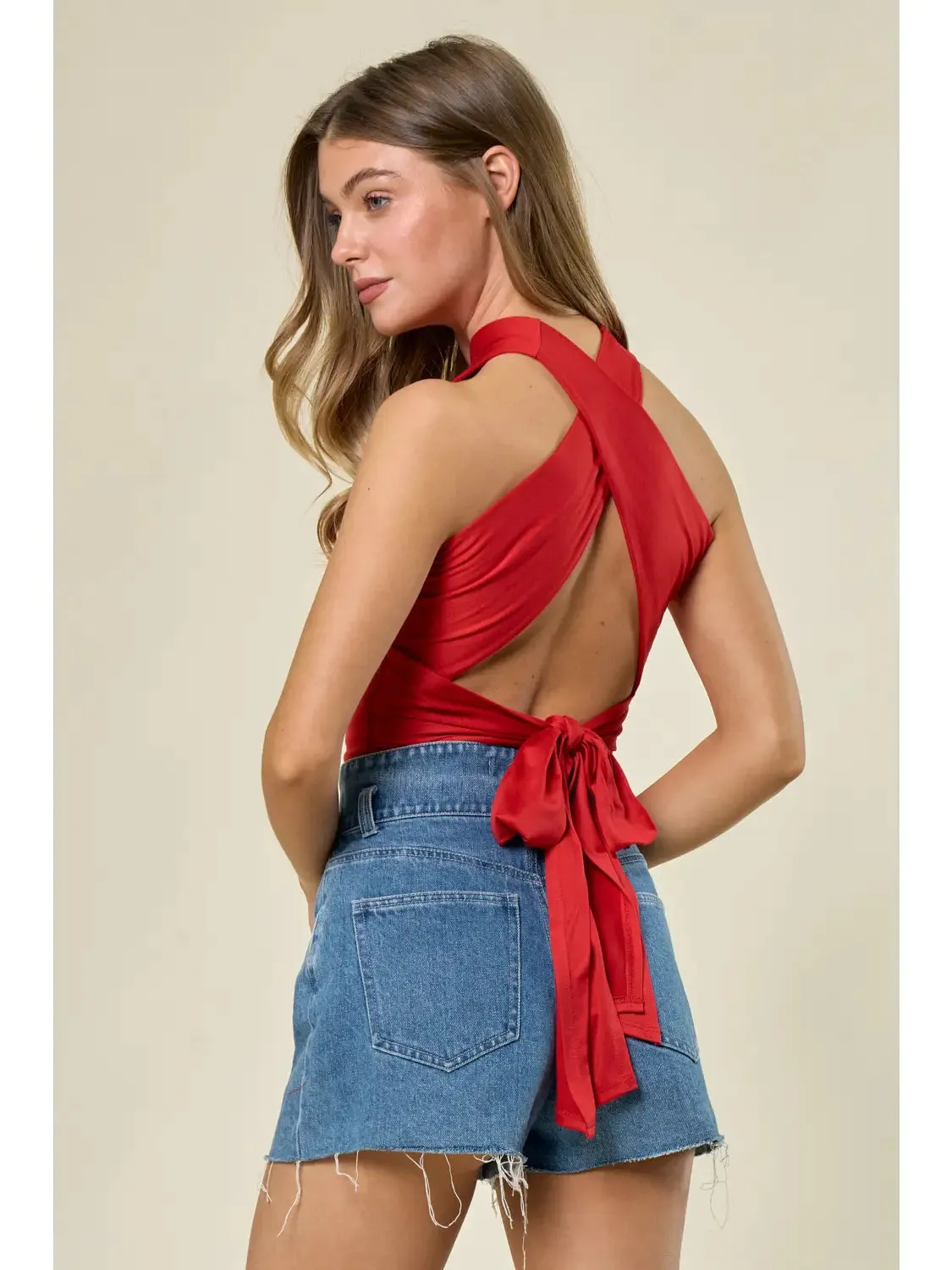 Tie Back Halter Knit Top Red