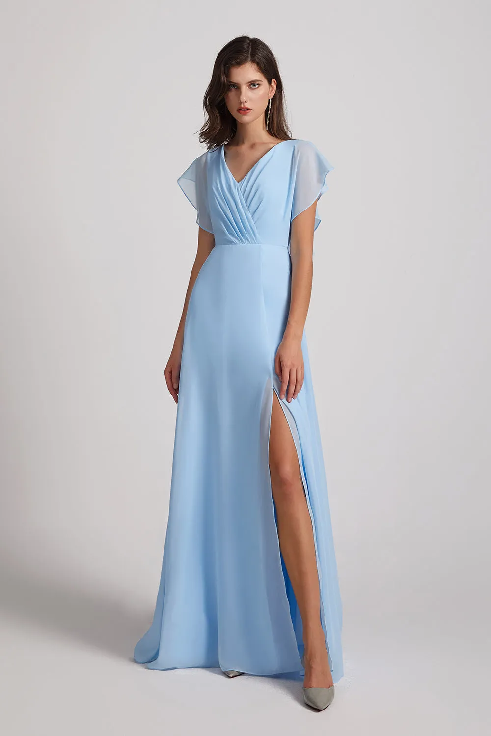 V-Neck Flutter Sleeve Backless Chiffon Bridesmaid Dresses with Side Slit (AF0070)