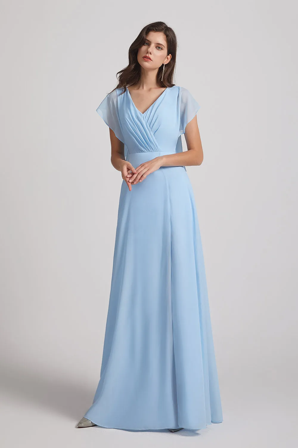 V-Neck Flutter Sleeve Backless Chiffon Bridesmaid Dresses with Side Slit (AF0070)