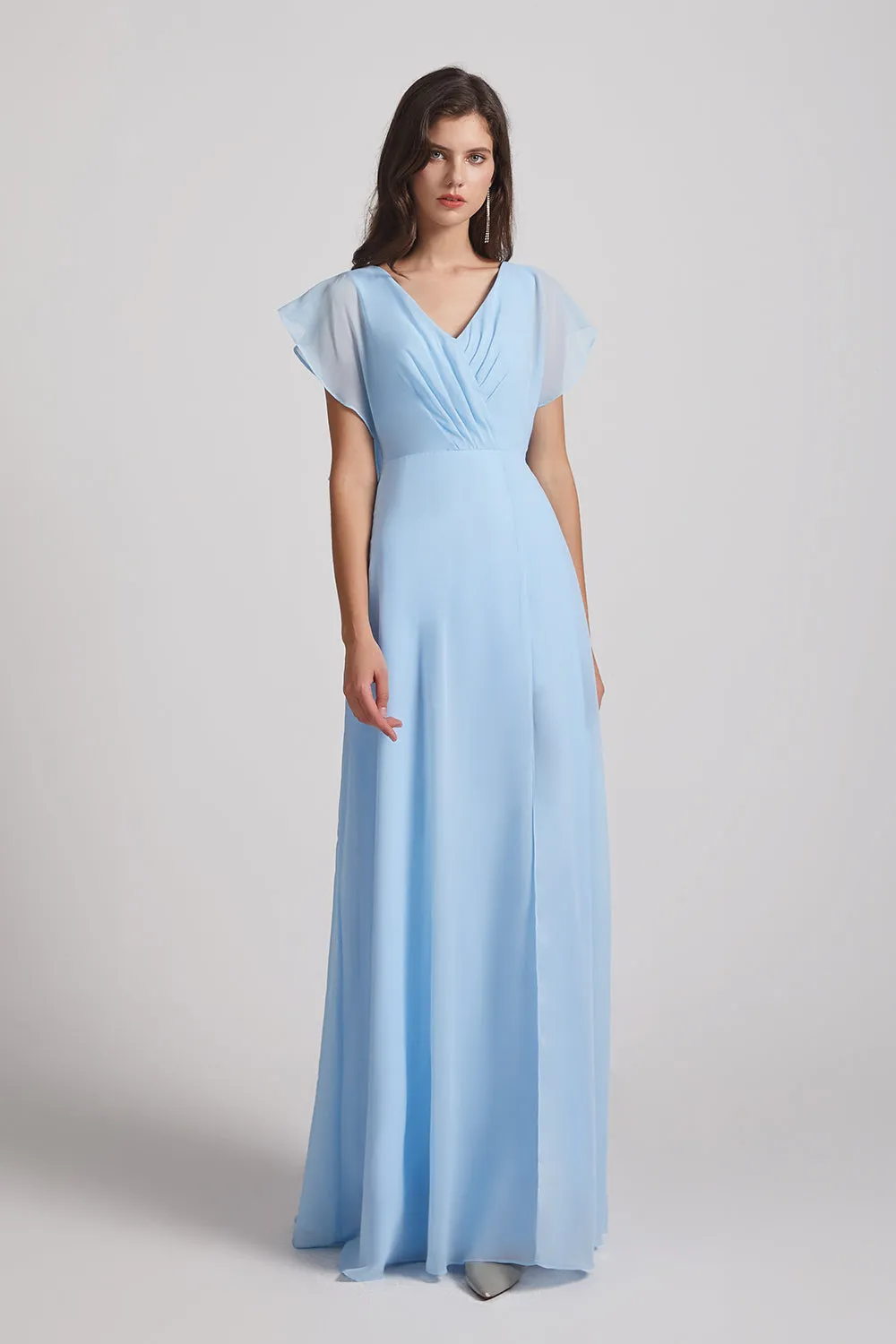 V-Neck Flutter Sleeve Backless Chiffon Bridesmaid Dresses with Side Slit (AF0070)