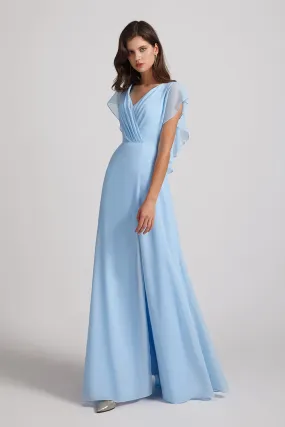 V-Neck Flutter Sleeve Backless Chiffon Bridesmaid Dresses with Side Slit (AF0070)