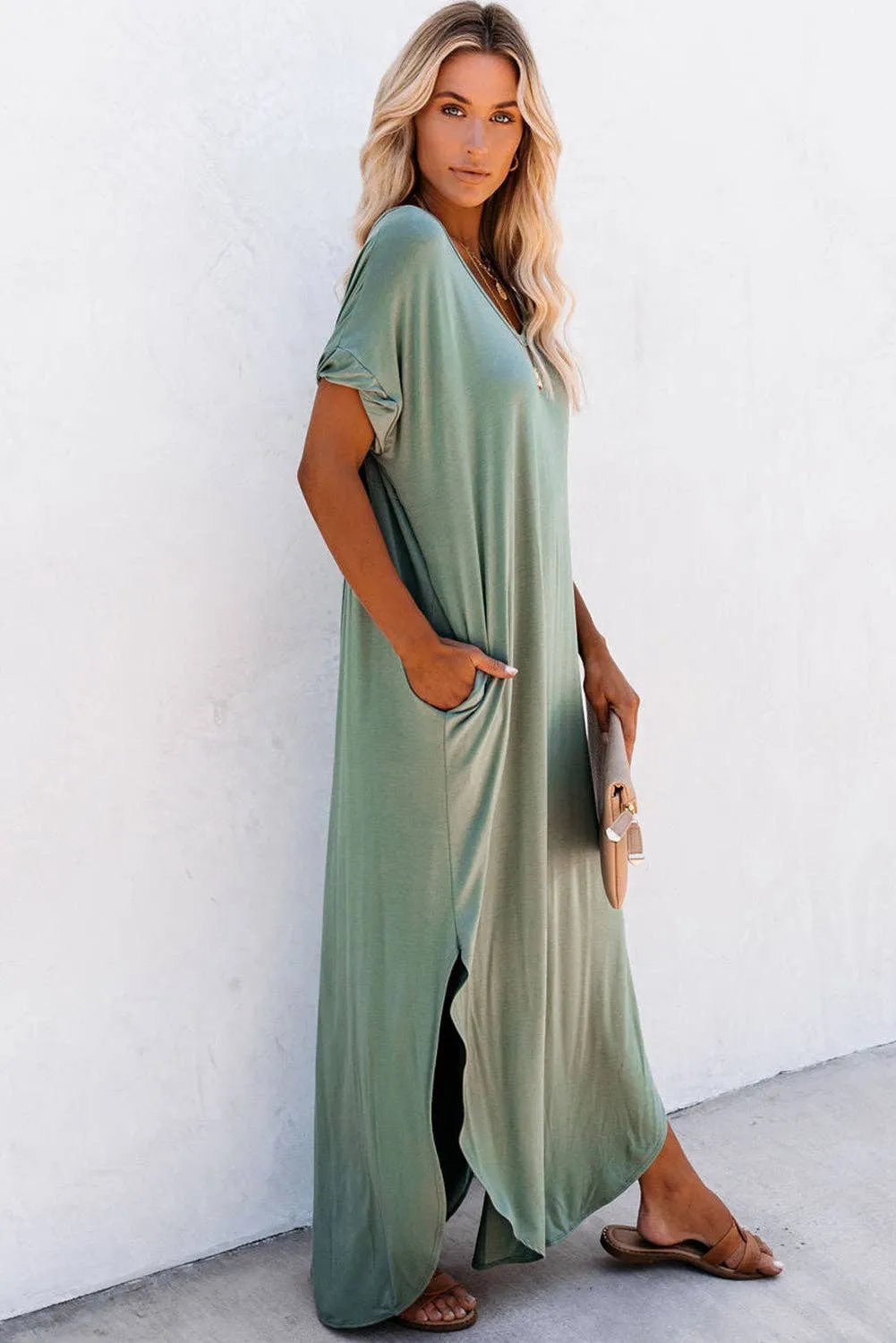 V Neck Hidden Pocket Splits Maxi T-shirt Dress