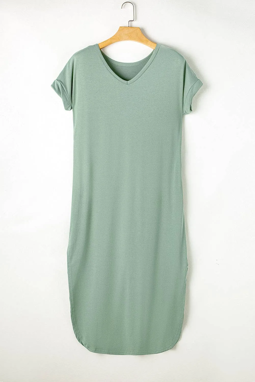 V Neck Hidden Pocket Splits Maxi T-shirt Dress