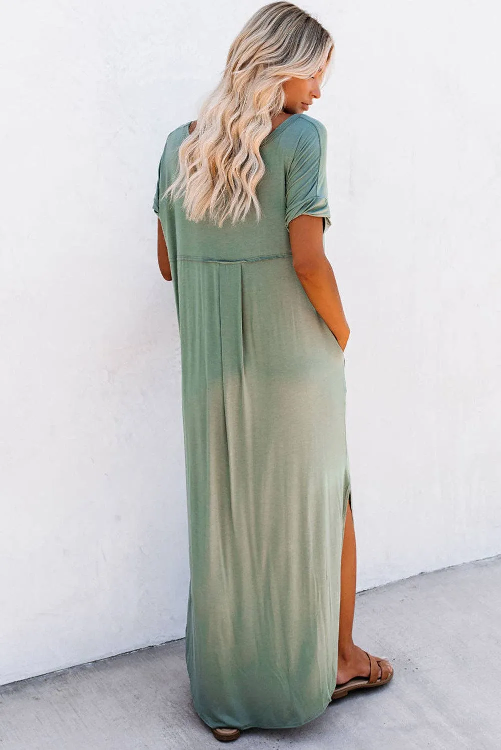 V Neck Hidden Pocket Splits Maxi T-shirt Dress