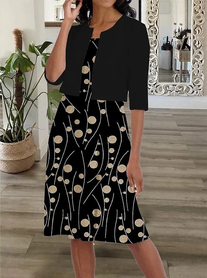 Versatile Black Polka Dot Two-Piece Midi Dress Set with Half Sleeves