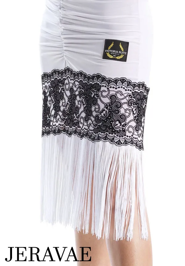 Victoria Blitz Prue Black or White Ruched Latin Dress with Wide Neckline, 3/4 Sleeves, Flock Pattern, and Fringe Hemline PRA 741 in Stock