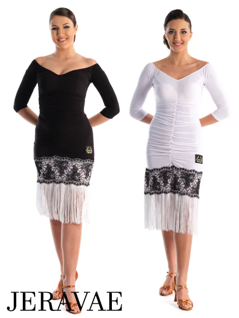 Victoria Blitz Prue Black or White Ruched Latin Dress with Wide Neckline, 3/4 Sleeves, Flock Pattern, and Fringe Hemline PRA 741 in Stock