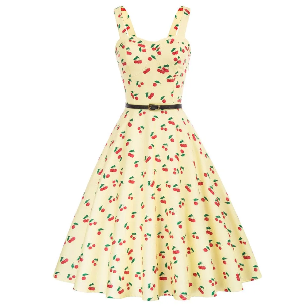 Vintage Fans Look of Fruit Printed Sweetheart Neck Flared A-Line Dress with Belt