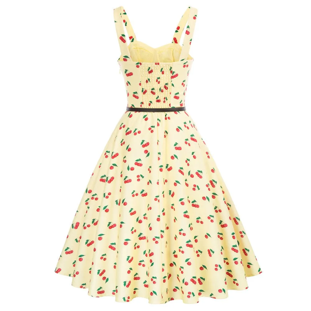 Vintage Fans Look of Fruit Printed Sweetheart Neck Flared A-Line Dress with Belt