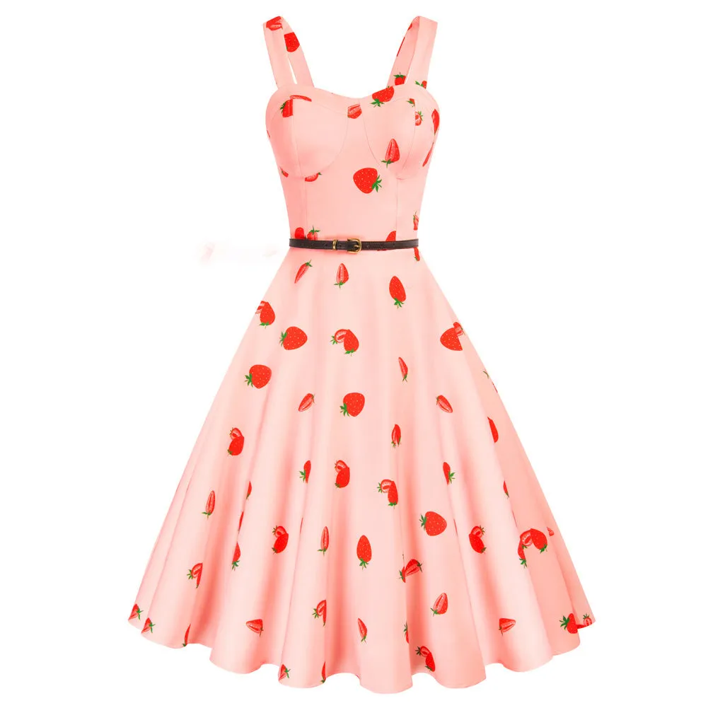 Vintage Fans Look of  Strawberry Print Sweetheart Neck Flared A-Line Dress with Belt