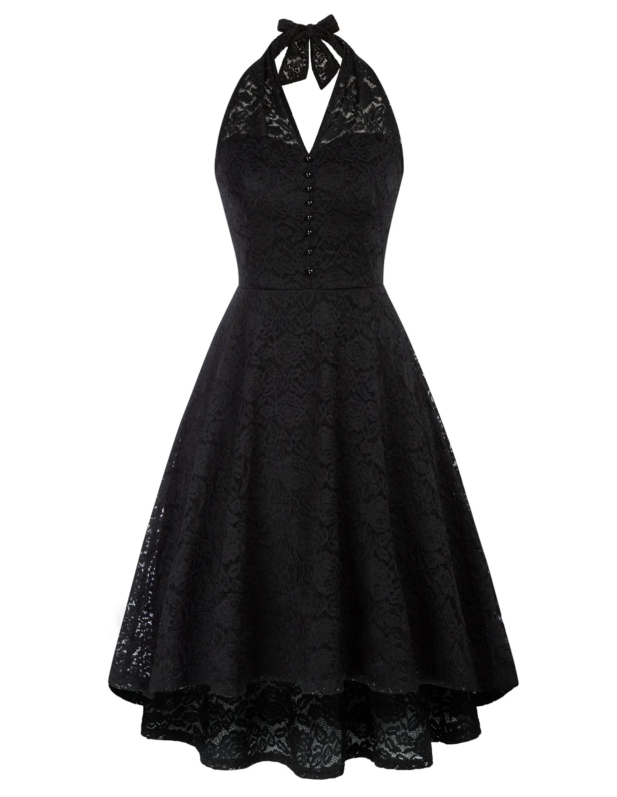 Vintage Halterneck Lace Dress V-Neck High-Low A-Line Dress