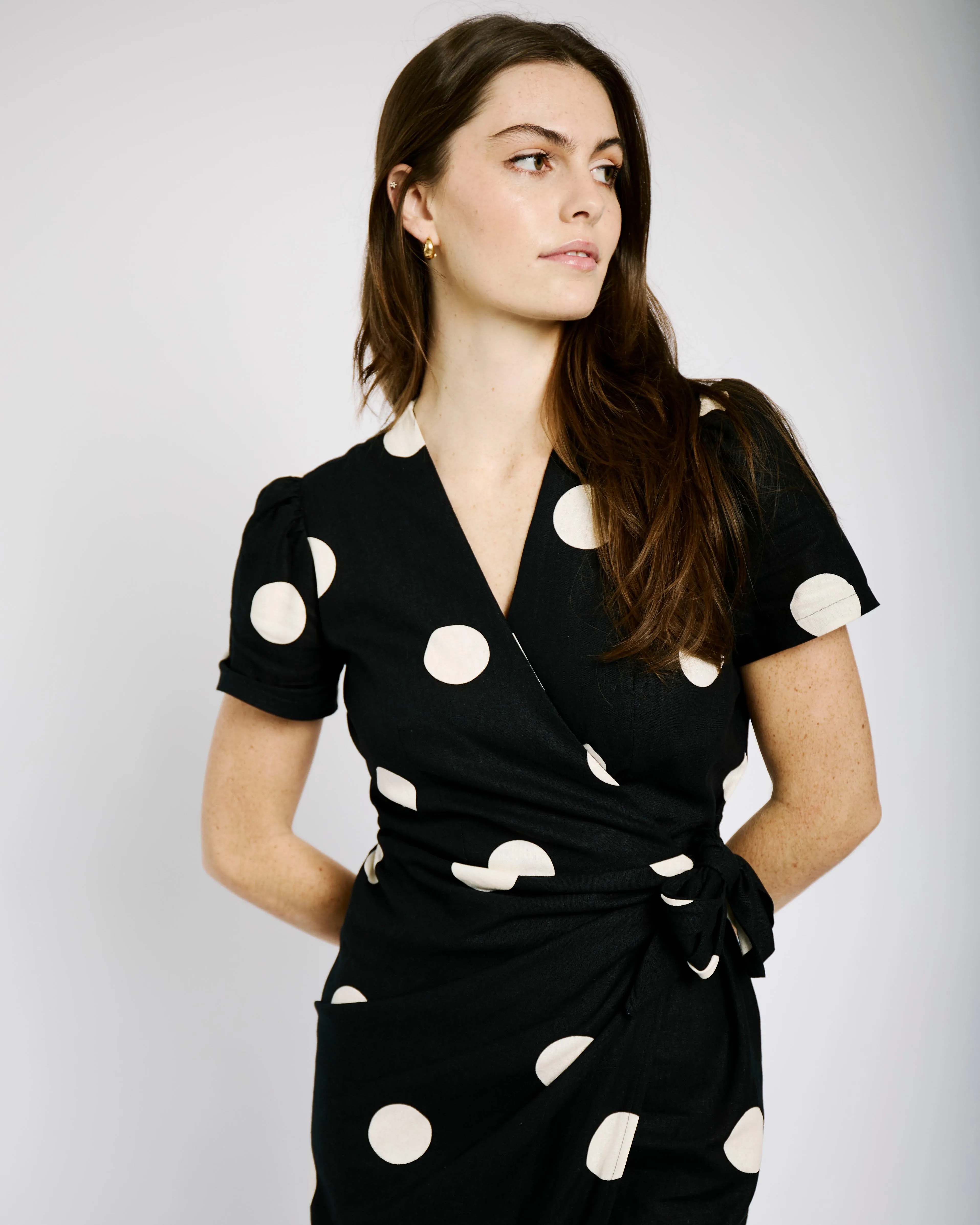 Wrap Dress in Black and Cream Spot