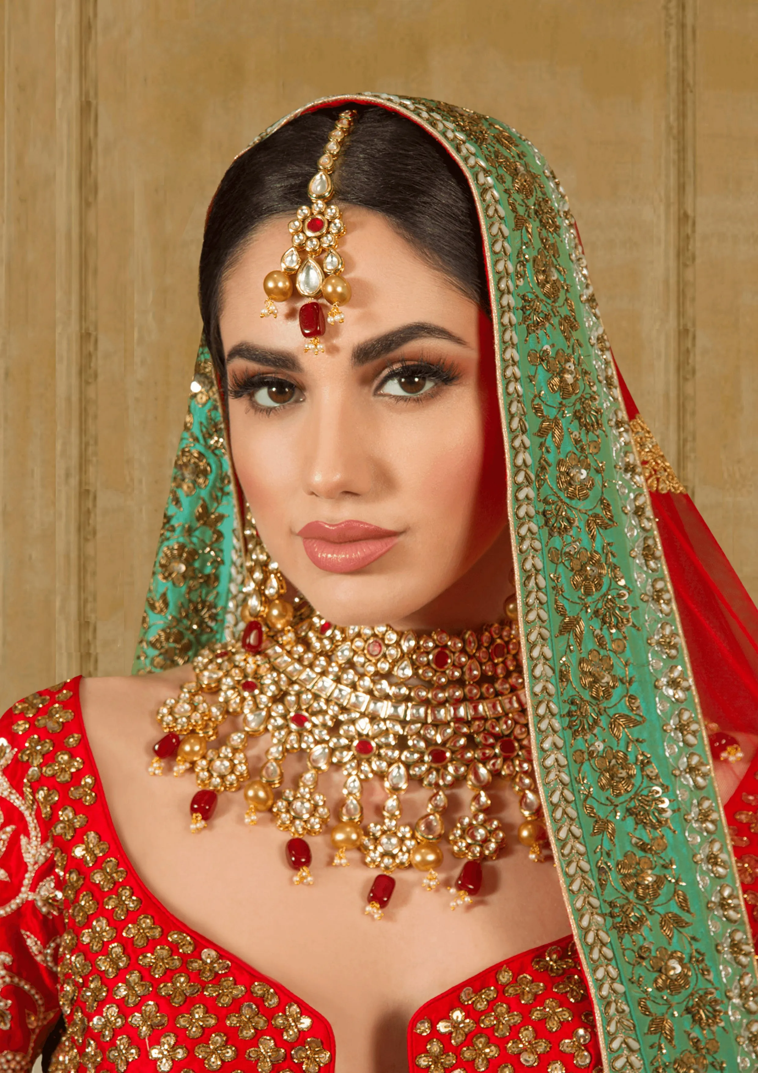 'Yami', Red Stone and Golden Pearl Kundan Bridal Half Set by Oorvi Desai